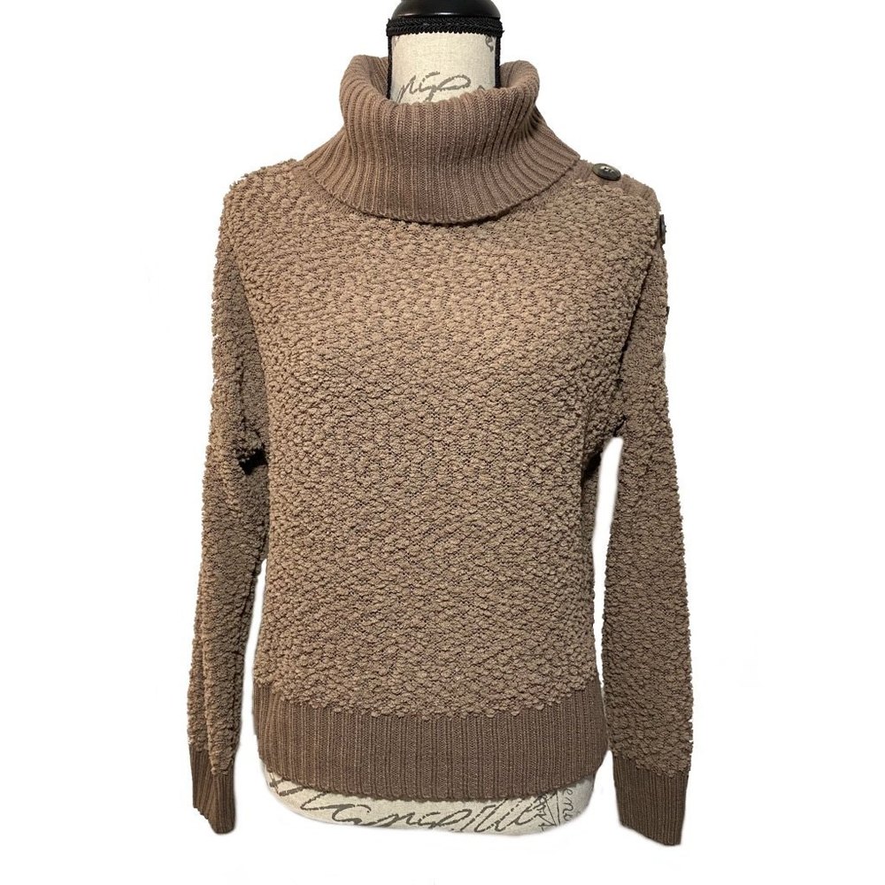 Full Circle Trend Popcorn Cowl Neck Button Details Brown Textured Sweater Size S